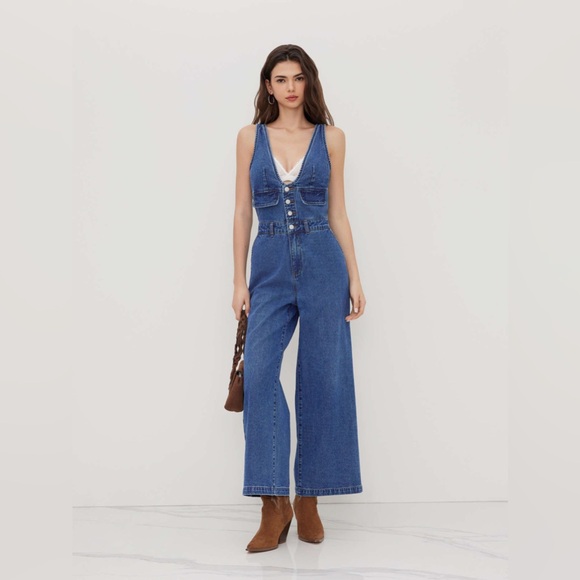 Cider Pants - CIDER NWT DENIM V NECK JUMPSUIT- LIGHT BLUE